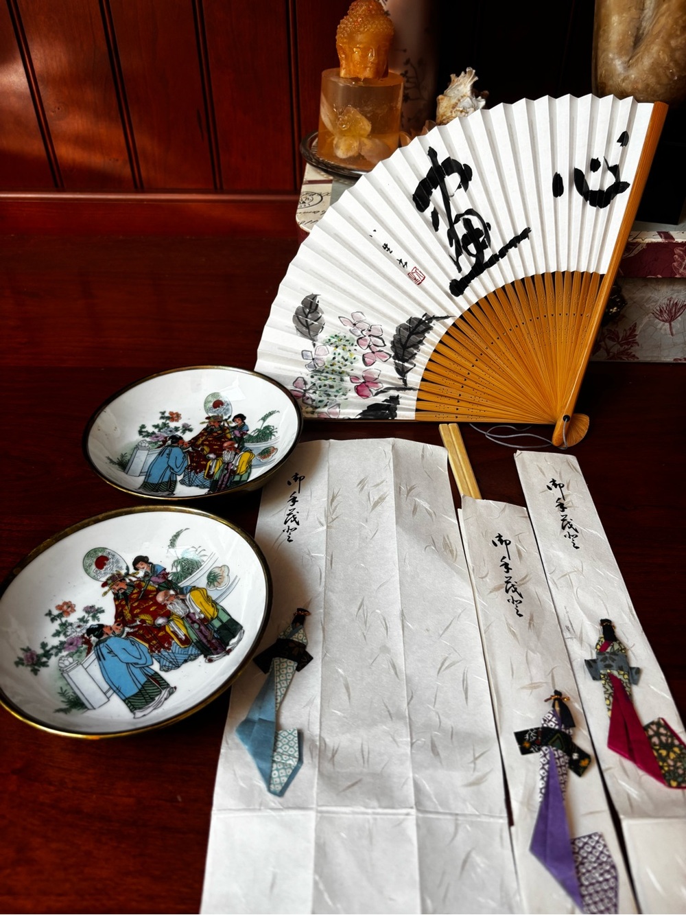 Asian Bowls Ceramic Brass Decorative Chinese Trinket bowls Japanese folding fan
